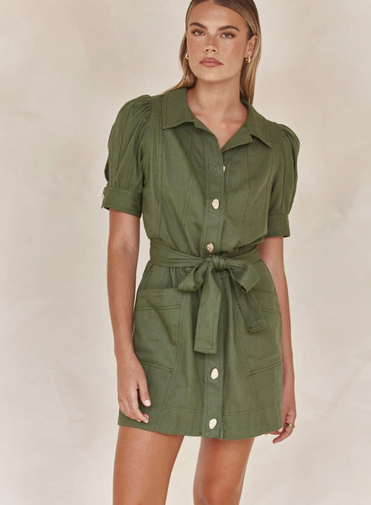 Linen Dress for Women - Olive Green Tie-Up Shirt Style Dress in Linen Blend