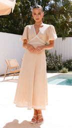 Beige Linen Puff Sleeve Maxi Dress – Lace Trimmed Fit & Flare Dress