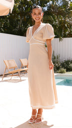 Beige Linen Puff Sleeve Maxi Dress – Lace Trimmed Fit & Flare Dress