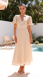 Beige Linen Puff Sleeve Maxi Dress – Lace Trimmed Fit & Flare Dress