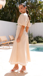Beige Linen Puff Sleeve Maxi Dress – Lace Trimmed Fit & Flare Dress