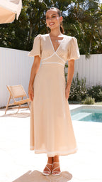 Beige Linen Puff Sleeve Maxi Dress – Lace Trimmed Fit & Flare Dress